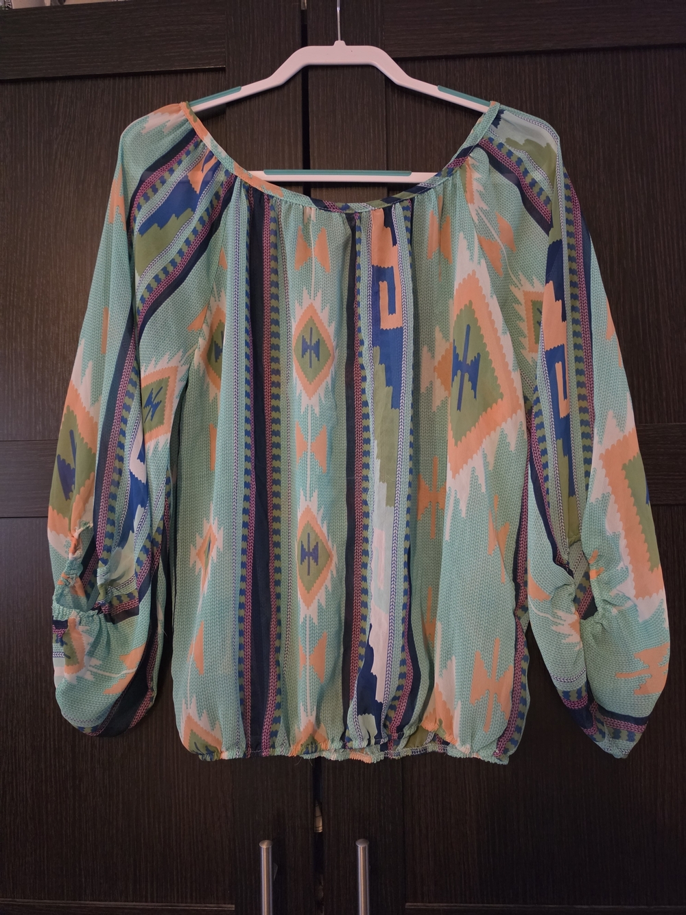 Yahada Mint Aztec Peasant Blouse with Peach and Navy Accents